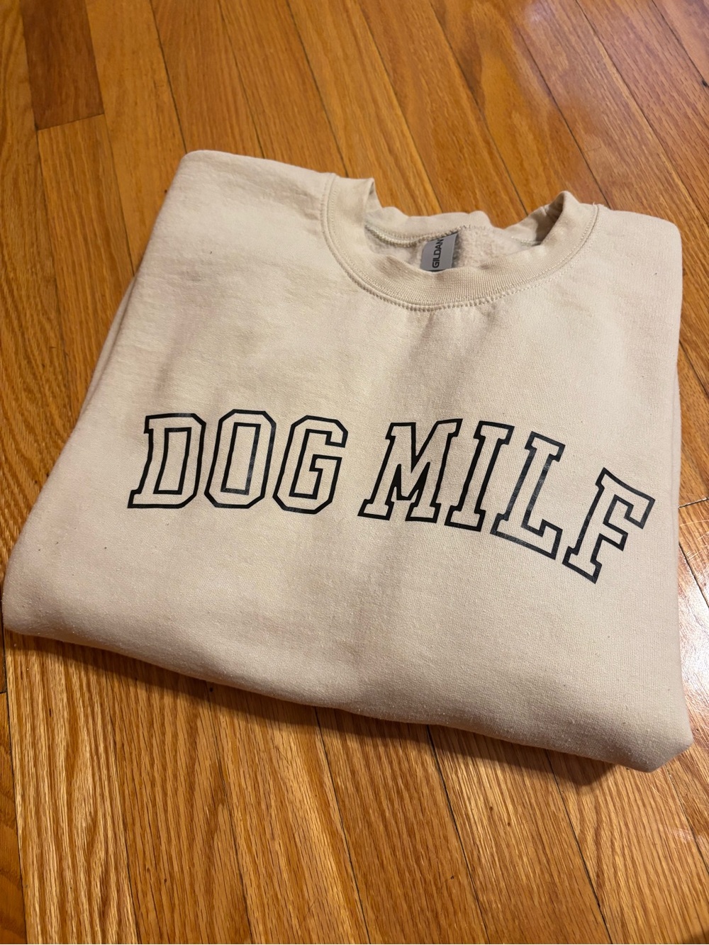 Gildan Cream Crewneck Sweatshirt with 'DOG MILF' Black Lettering